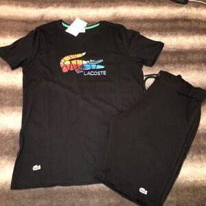Lacoste Black Tee and Shorts with Multicolor Logo - XL